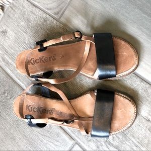 KICKERS French Sandals 38EU Excellent Black Brown cork Wedges Anthropologie EC.